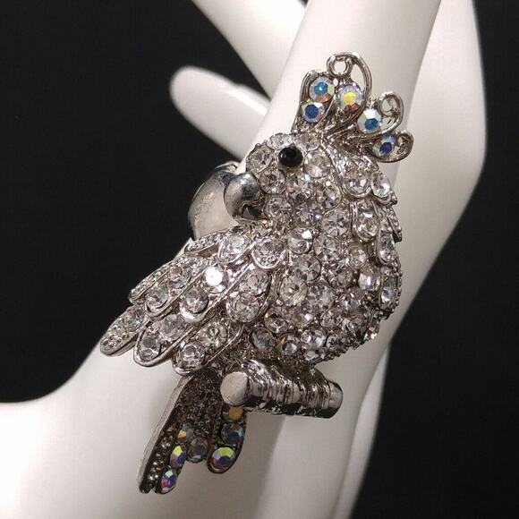 Parrot Rhinestone Stretch Ring, Silver Tone, Clear AB Rhinestones, Size 7 1/2 - Picture 2 of 9